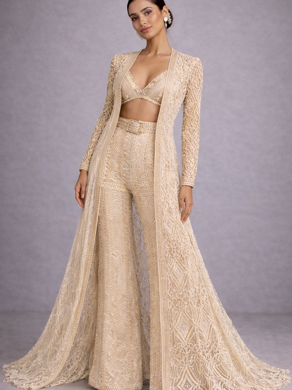 Embroidered Cream Lehenga Set with Long Jacket